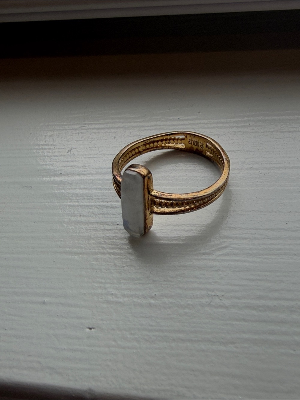 Gold Tone Women's Ring with White Rectangular Stone